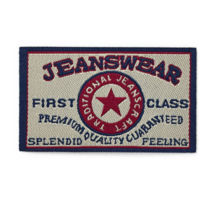 Nášivka džínsový štítok Jeanswear First Class, obdĺžnik, nažehľovacia, béžová